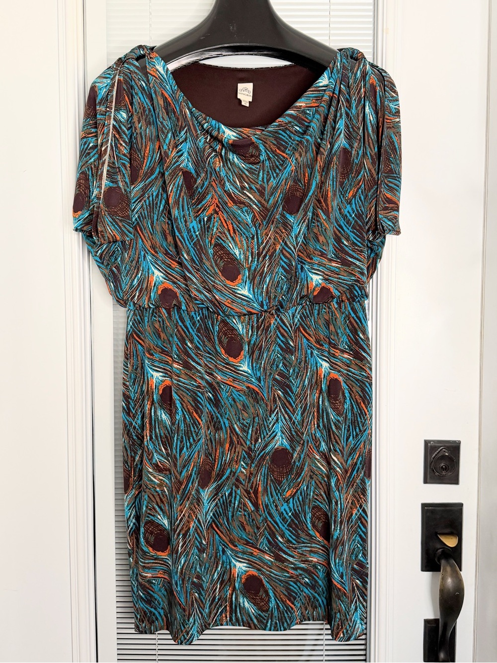 Sangria Women’s Sz 10 Dress Blouson Top Straight Skirt Peacock Feather Print
